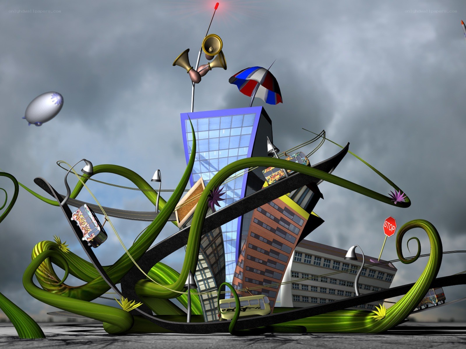 Surreal cityscape with green tendrils