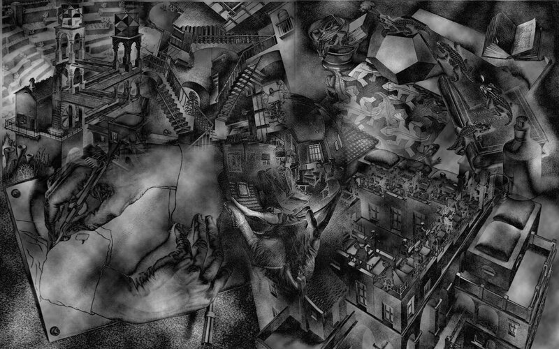 Surreal cityscape with hands