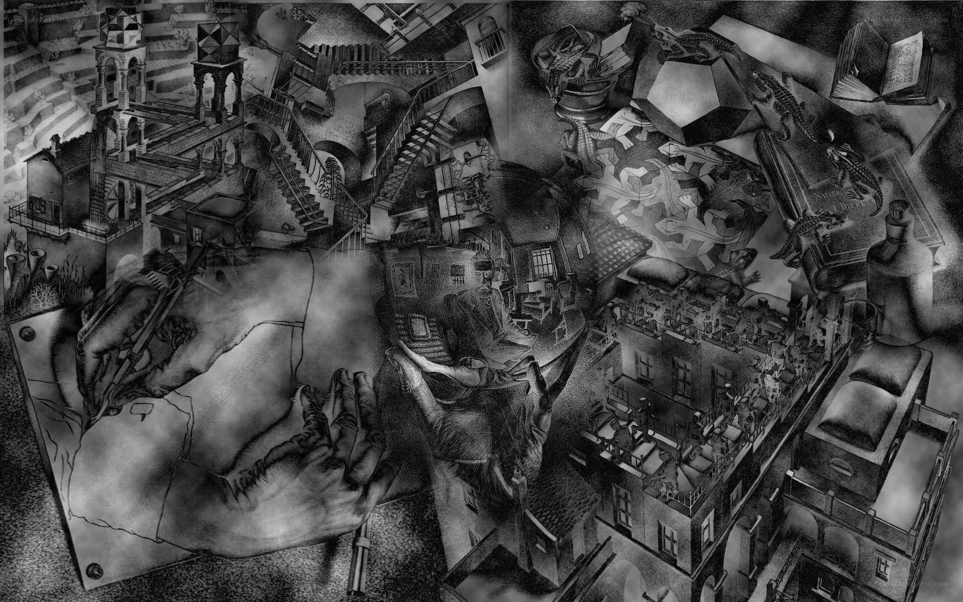 Surreal cityscape with hands
