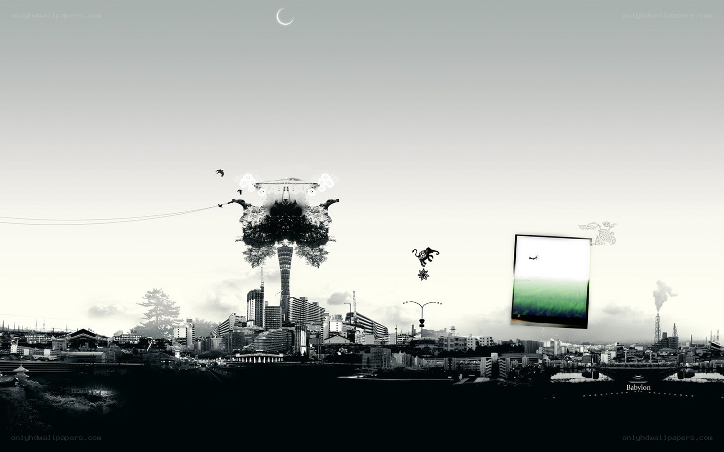 surreal cityscape with moon and tree