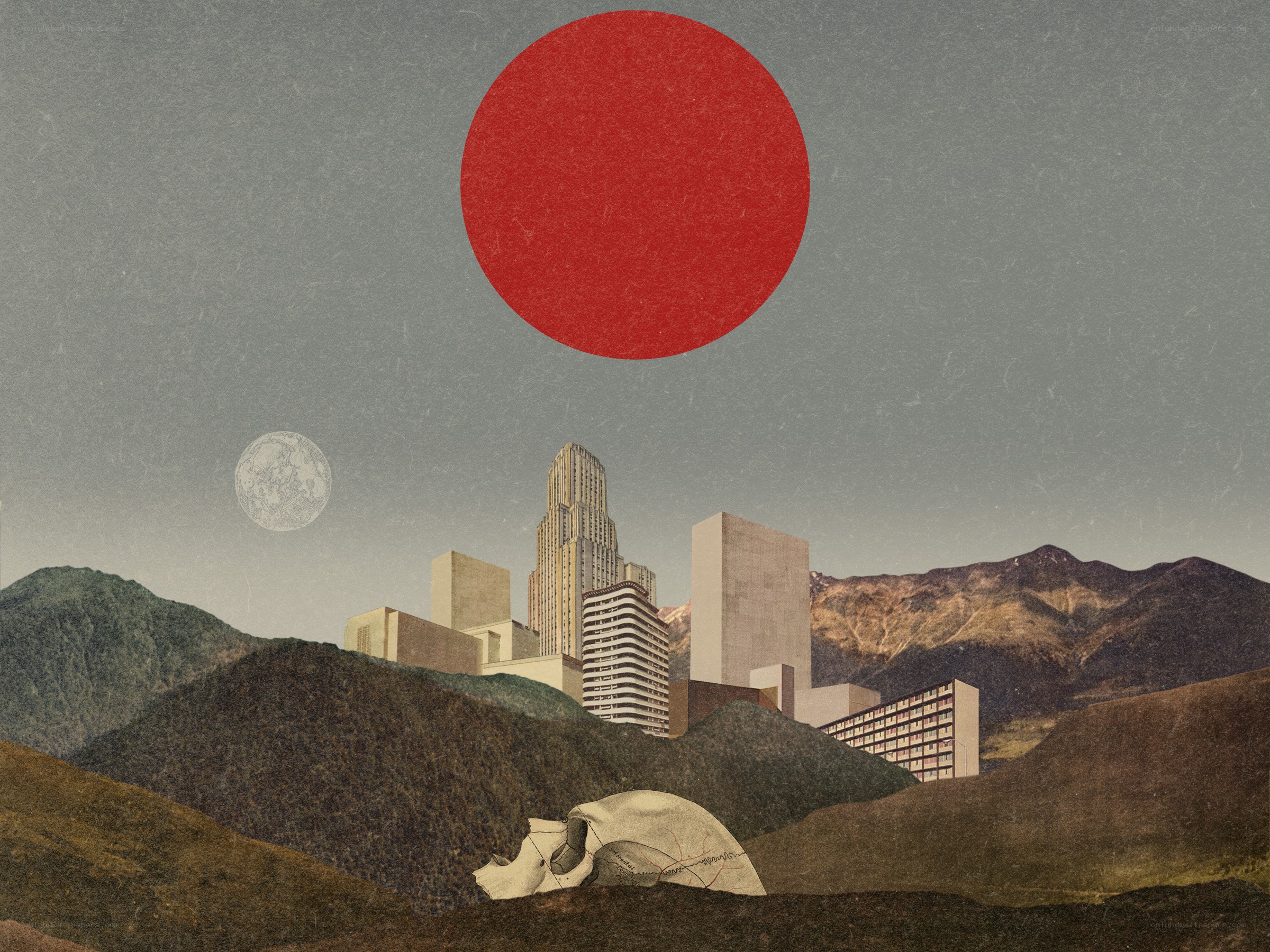 Surreal cityscape with red sun