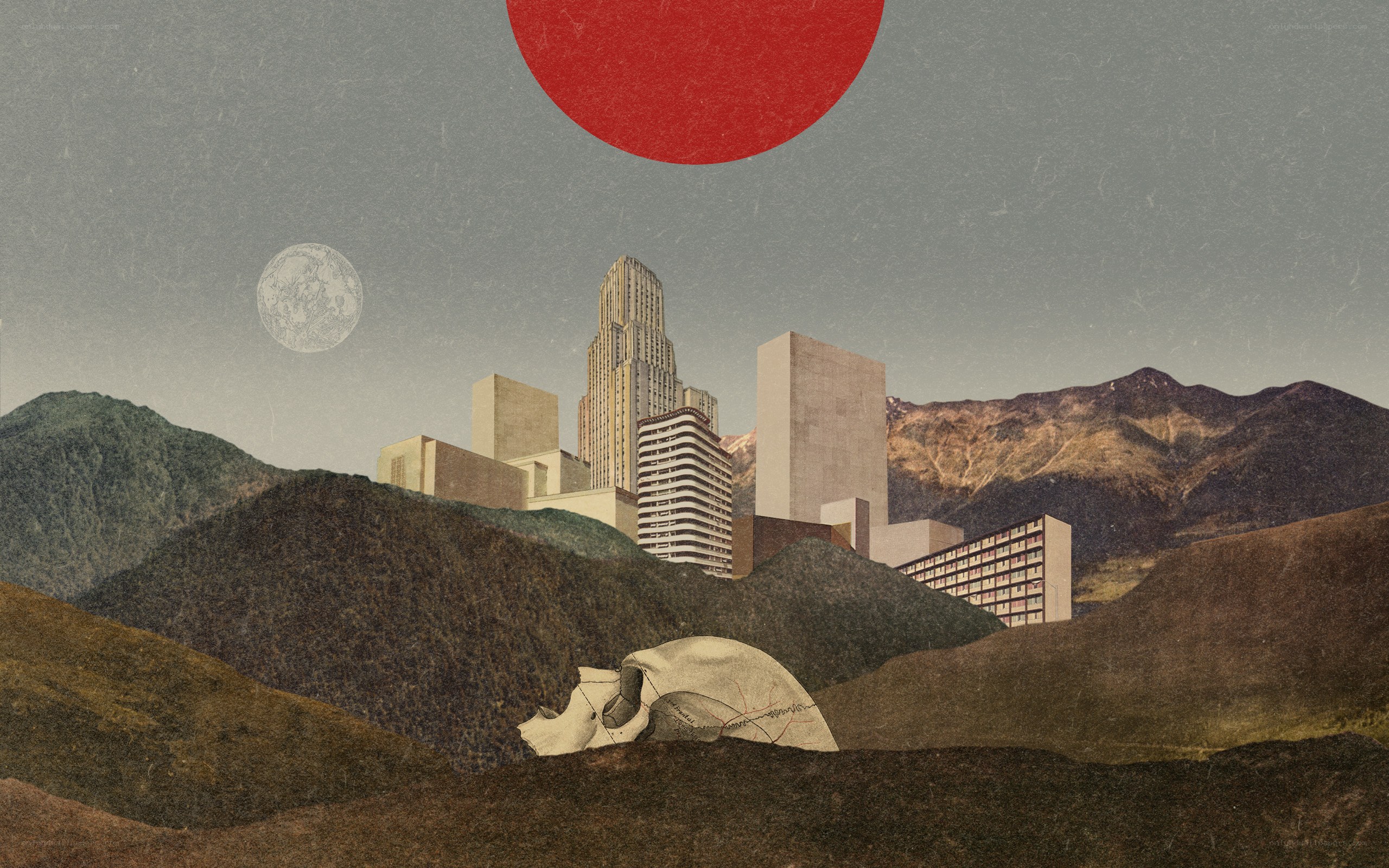 Surreal cityscape with skull