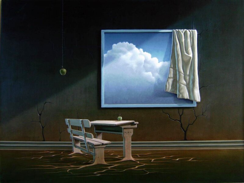 Surreal classroom with apple