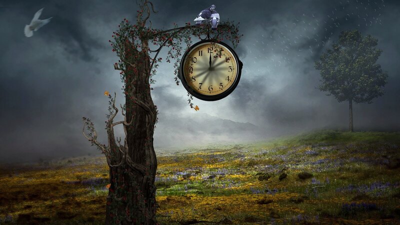 Surreal clock in a misty field