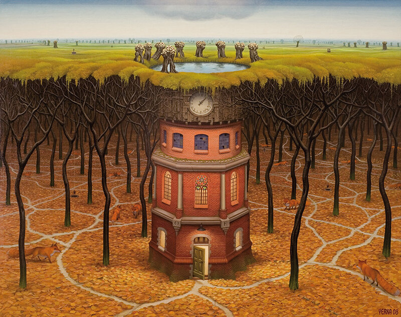 Surreal clock tower landscape