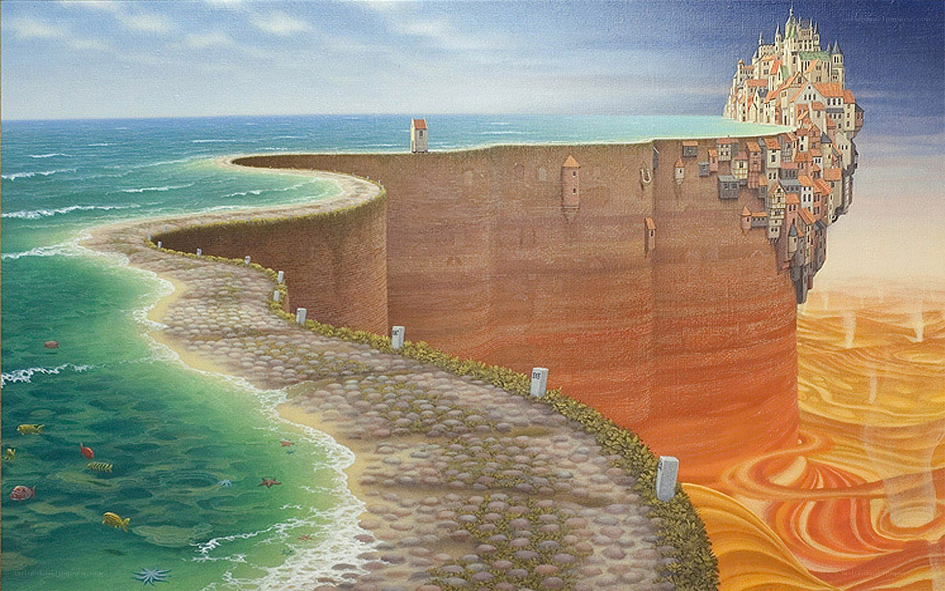 Surreal coastal cityscape