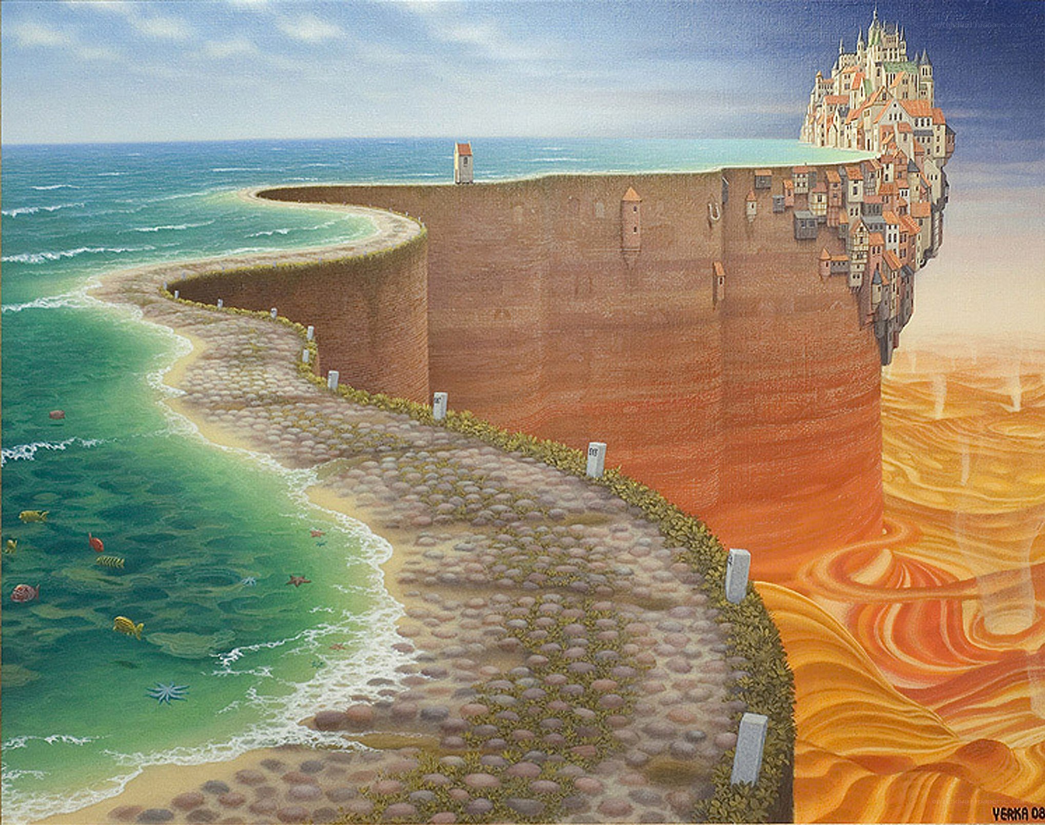 Surreal coastal cityscape