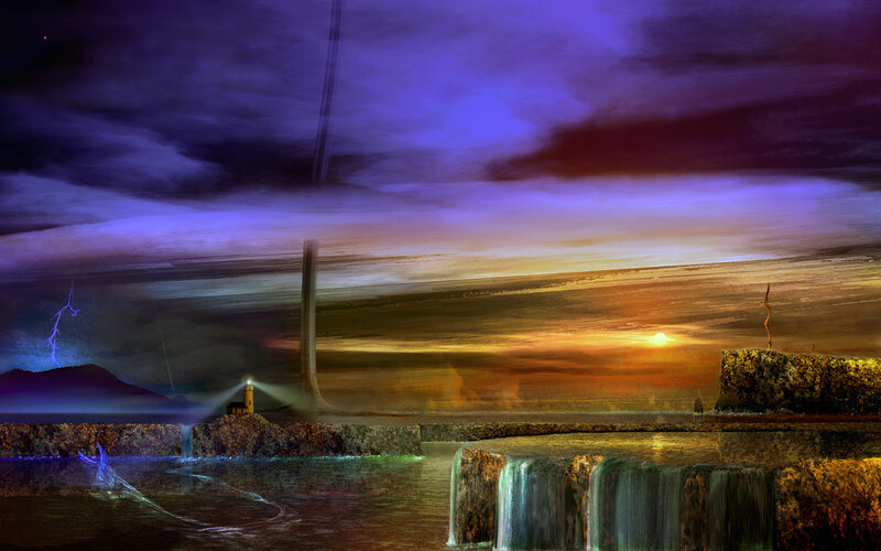 surreal coastal landscape at dusk