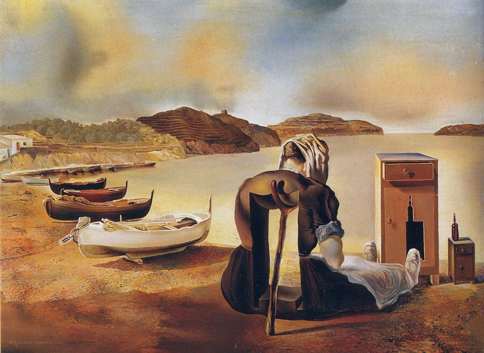 Surreal coastal scene with figure