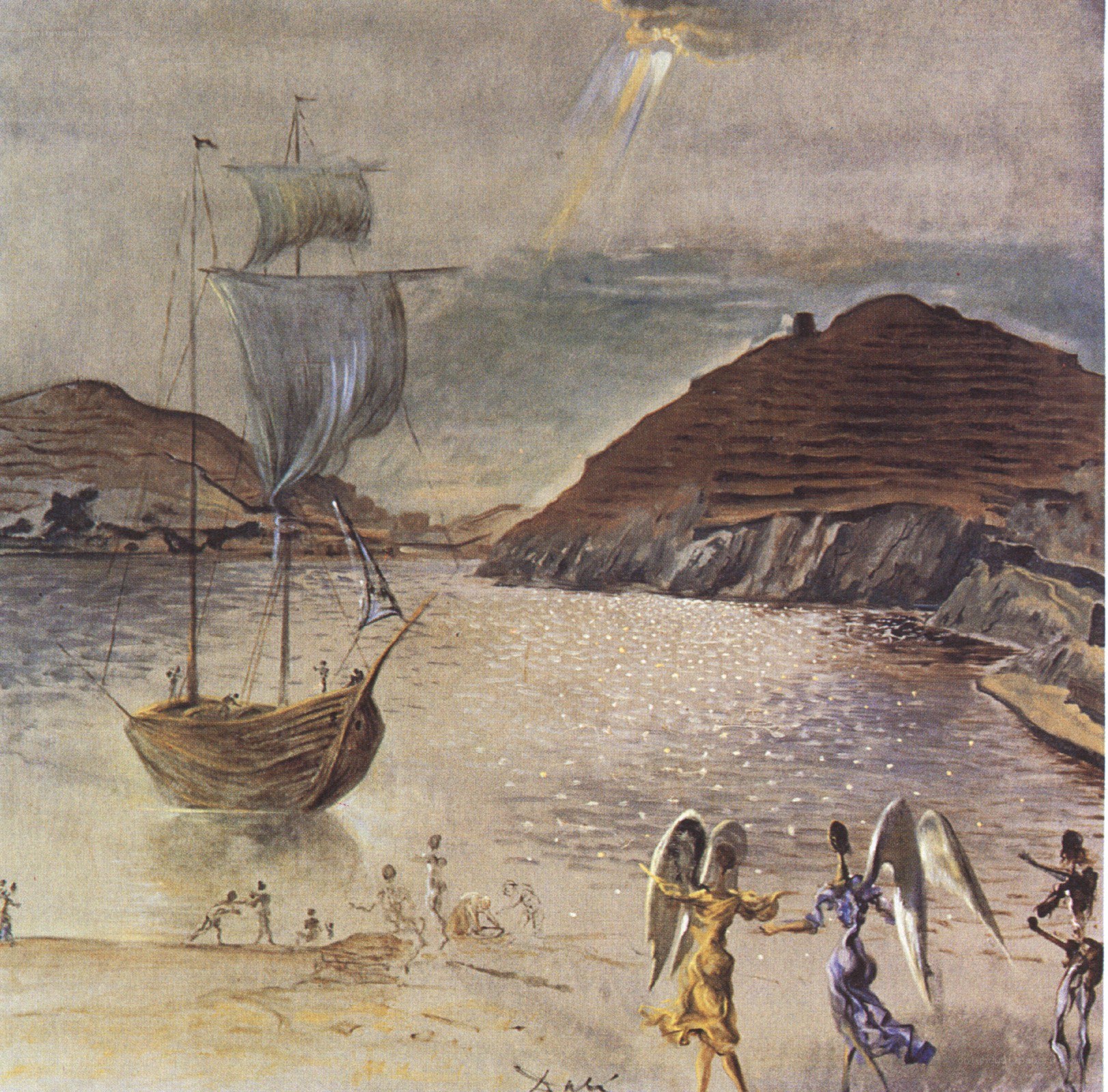 Surreal coastal scene with ship