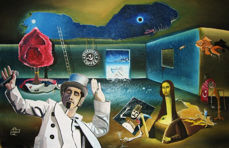 Surreal coffee shop scene
