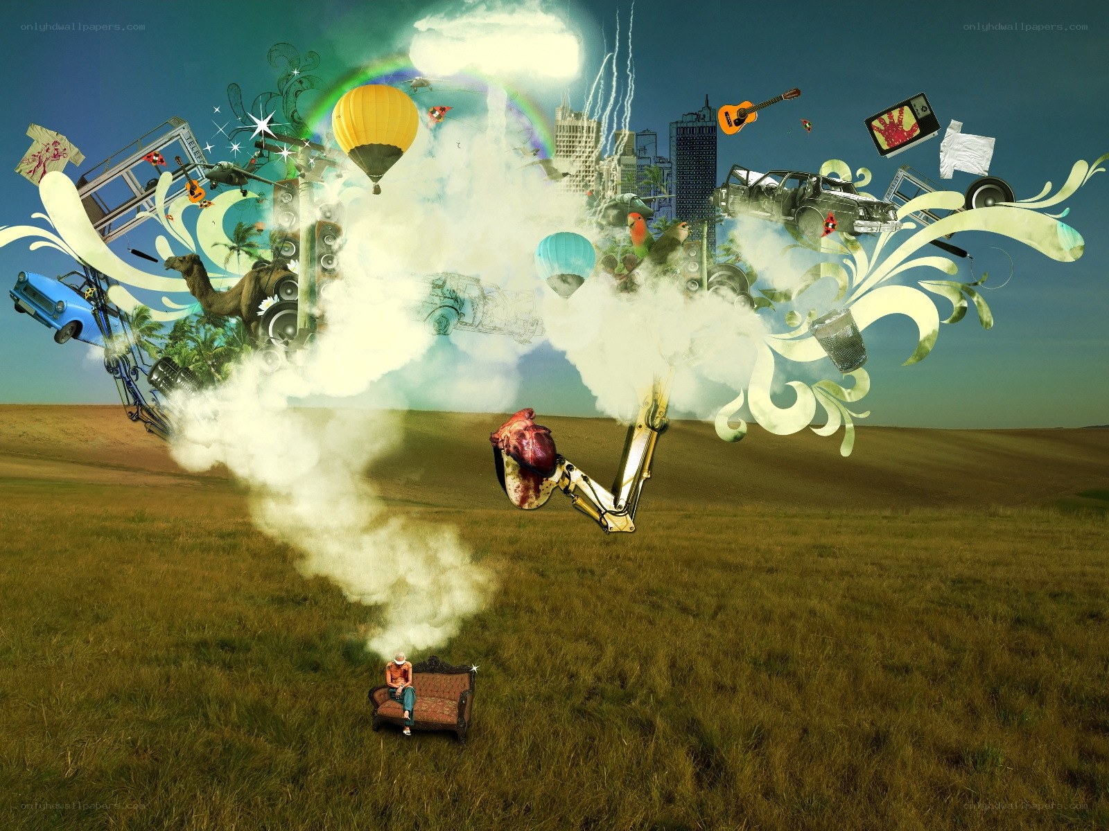 Surreal collage of objects in a field