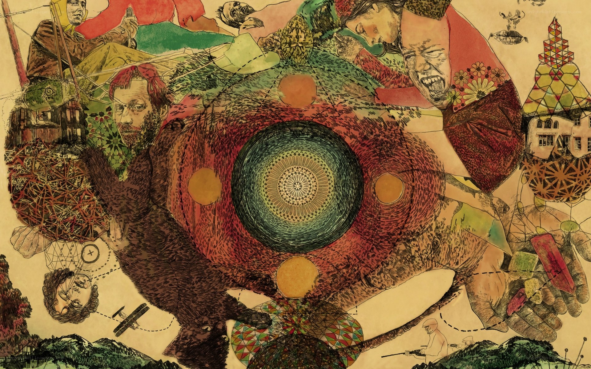 Surreal collage with central mandala