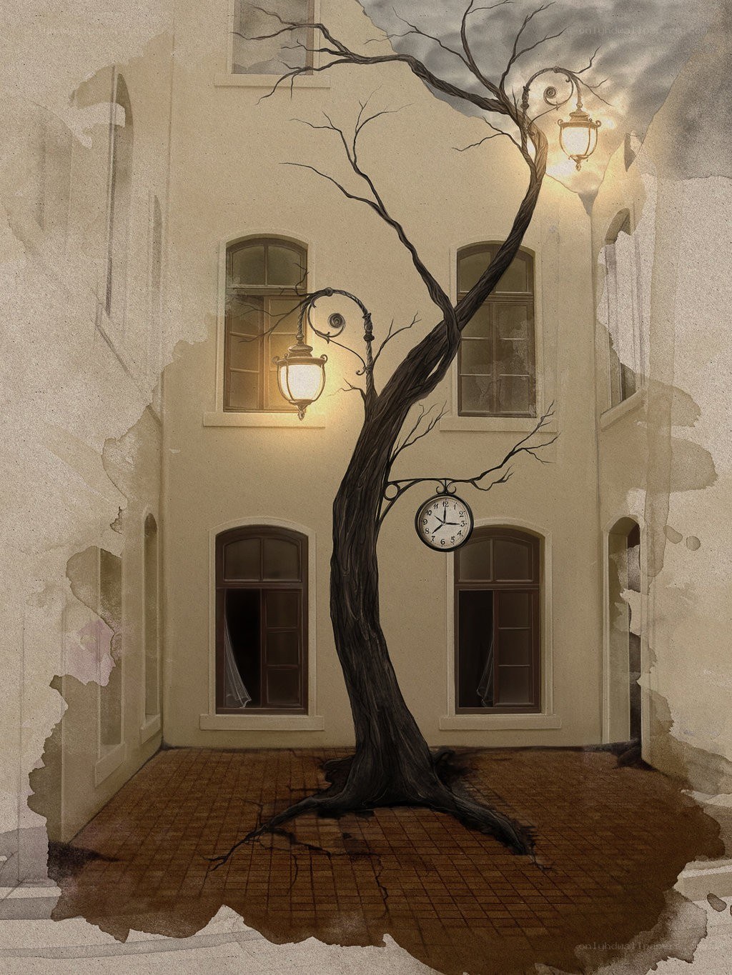 Surreal courtyard with tree and clock