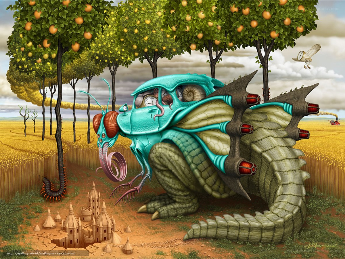 Surreal creature in orchard