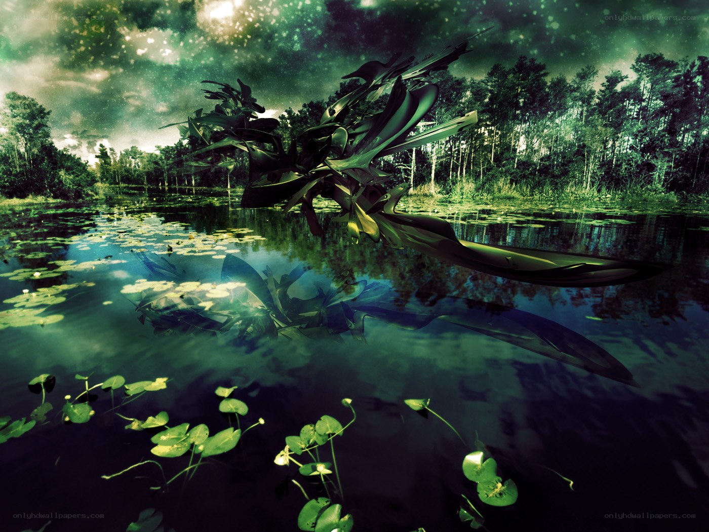 Surreal creature over a swamp