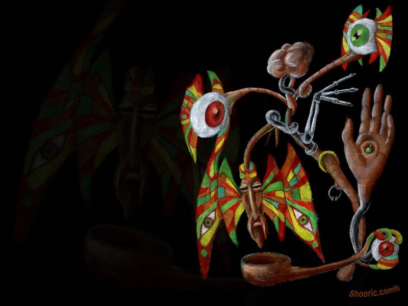 Surreal creature with eyes and hand