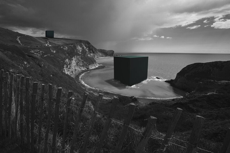 Surreal cubes on coastal cliffs