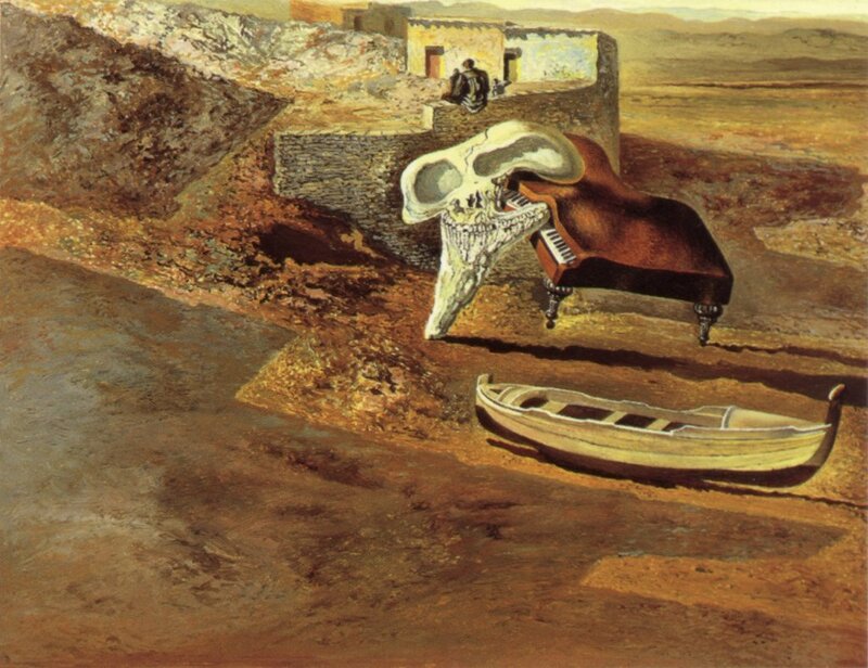 Surreal desert landscape with piano