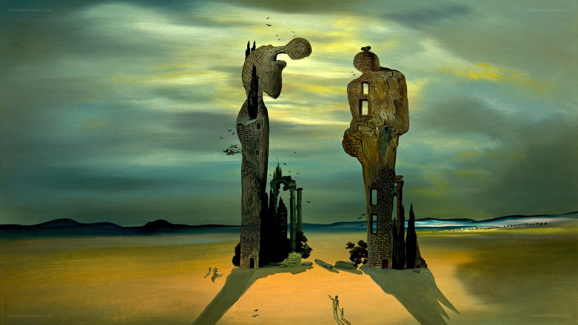 Surreal desert landscape with stone figures