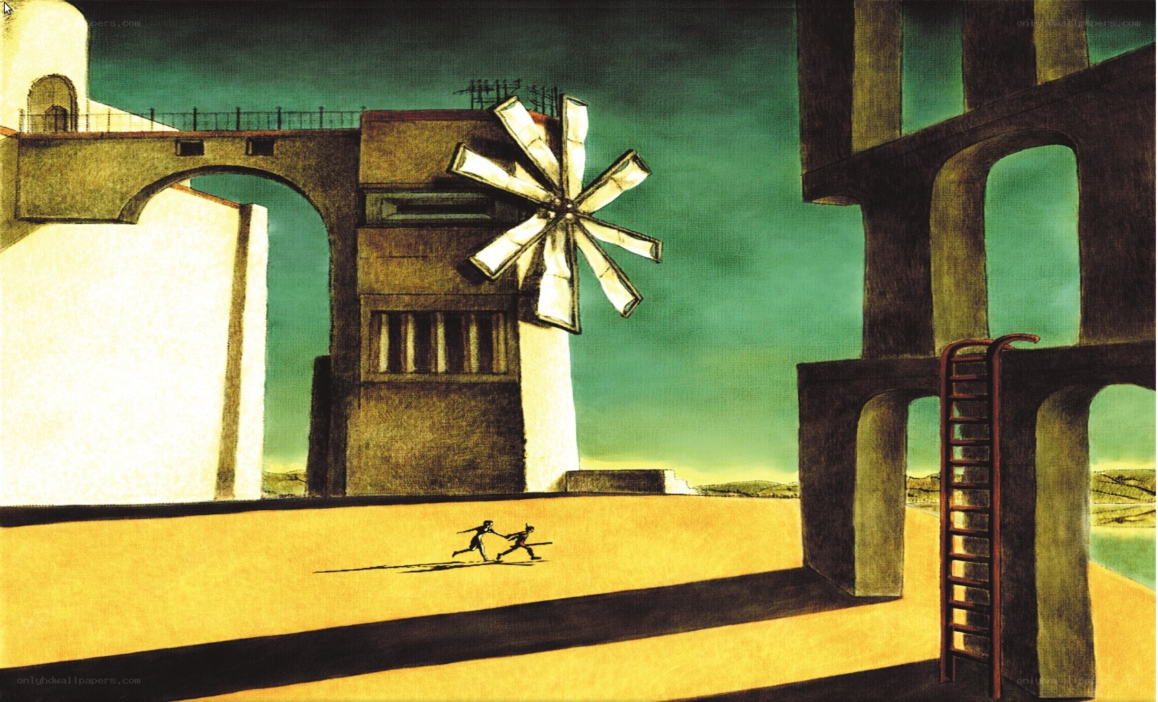 Surreal desert landscape with windmill