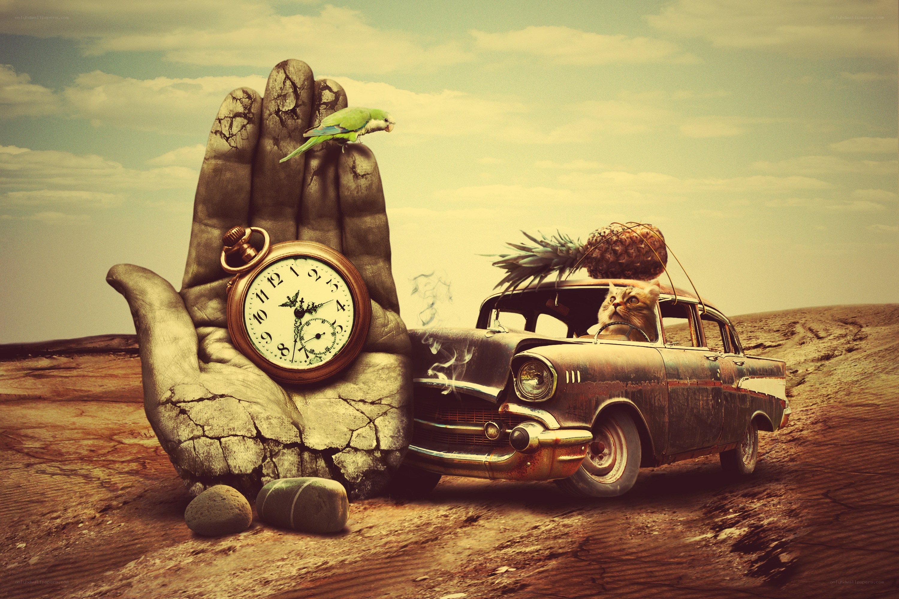 Surreal desert scene with hand and car