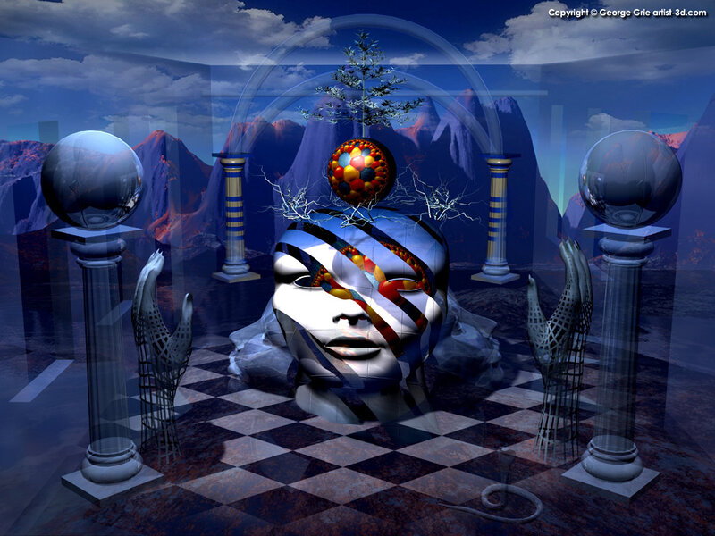 surreal digital art with face and spheres