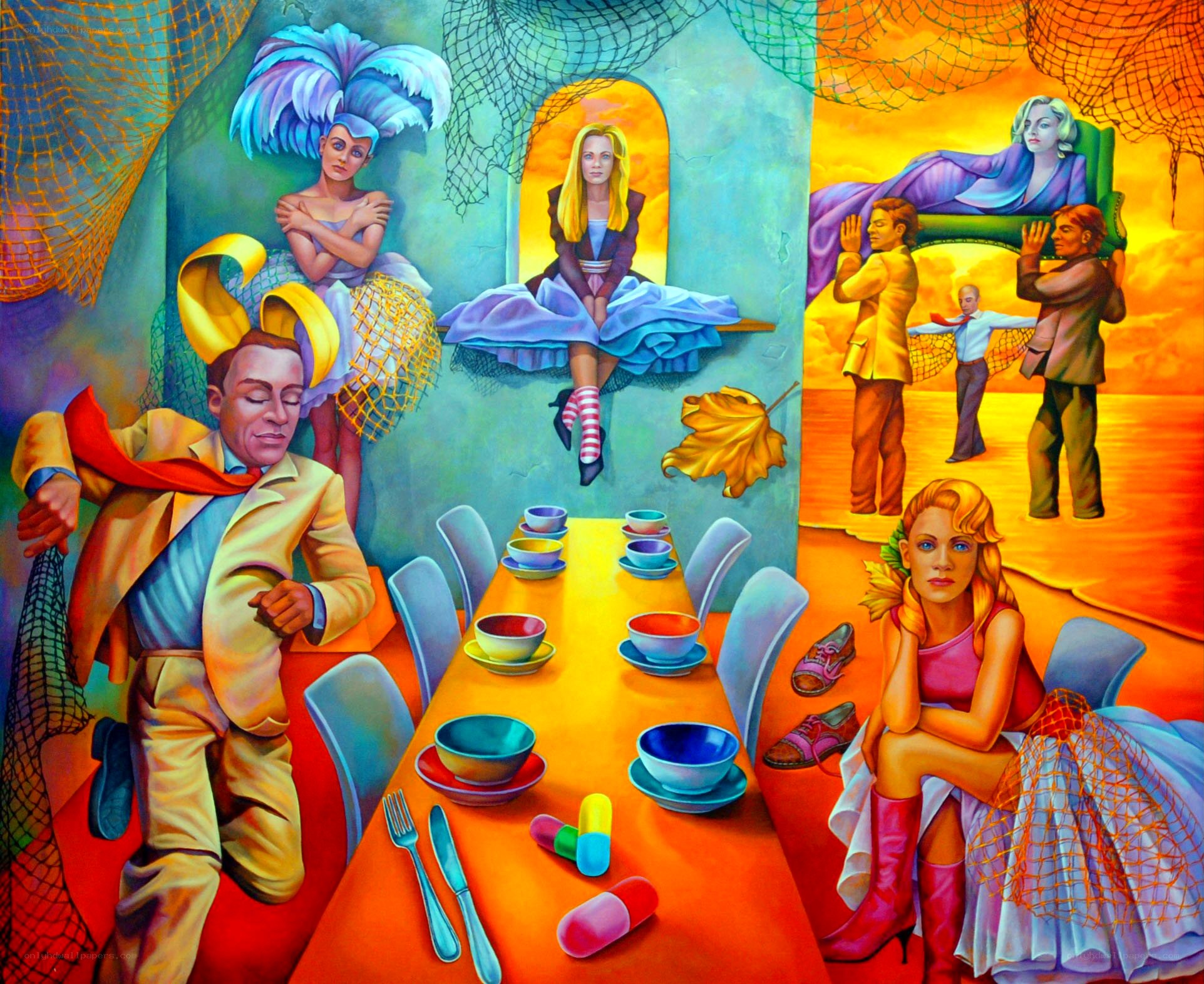 Surreal dinner party scene