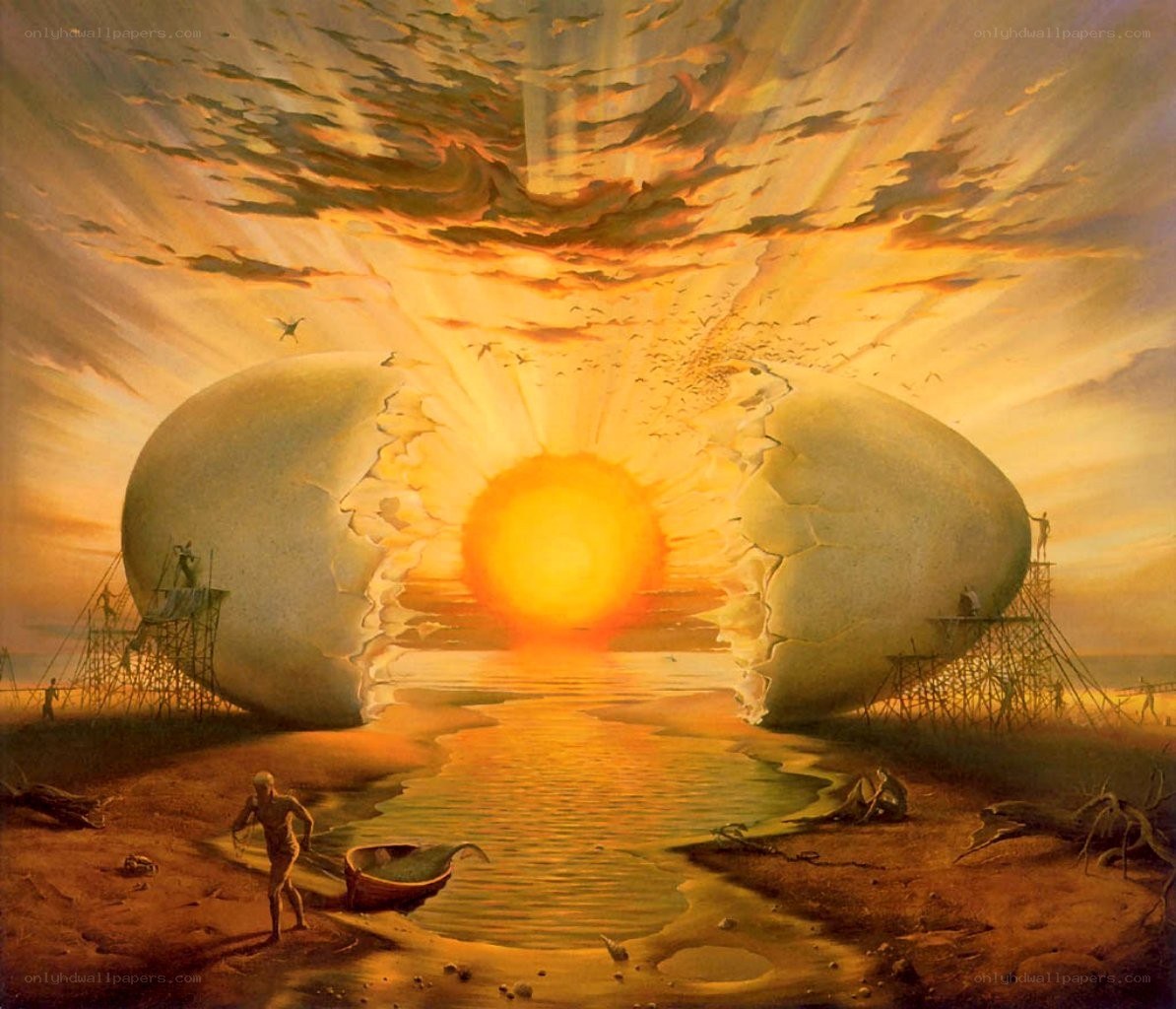 Surreal egg hatching scene