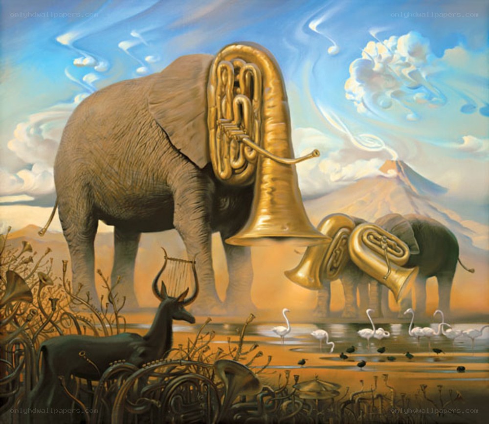 Surreal elephants with musical instruments
