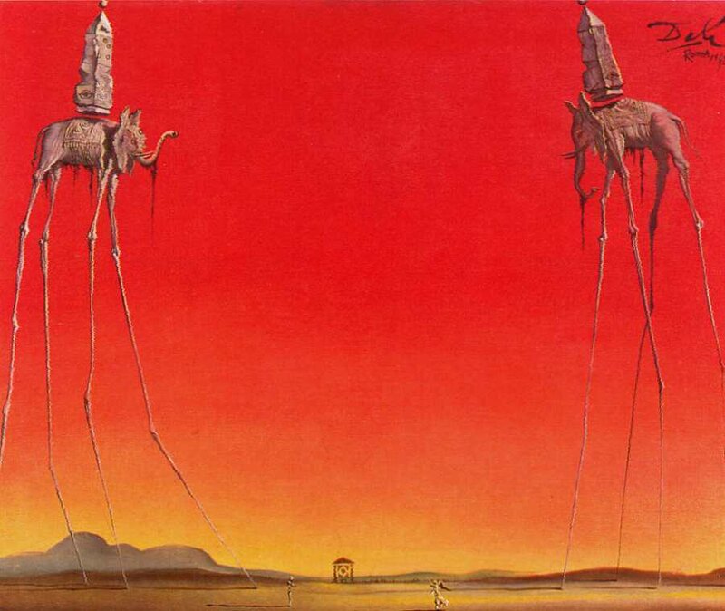 Surreal elephants with obelisks