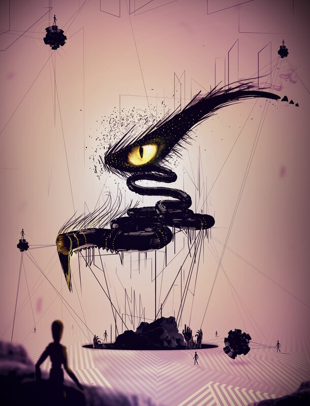Surreal eye and serpent art