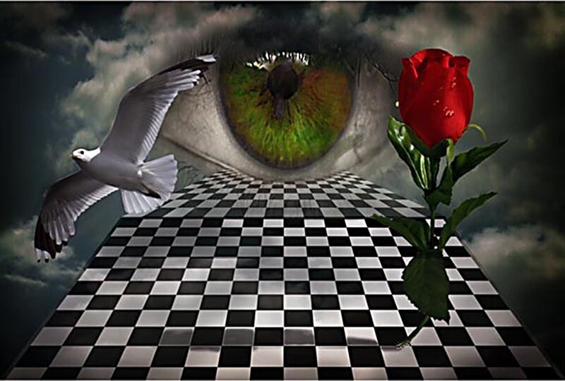 Surreal eye with rose and bird