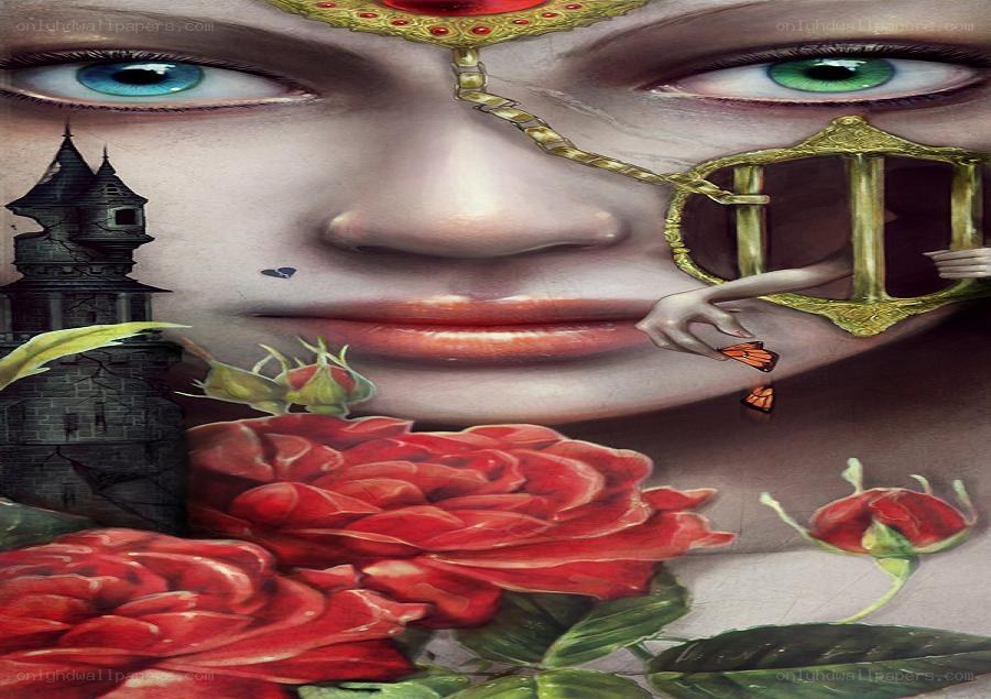 surreal face with roses and castle