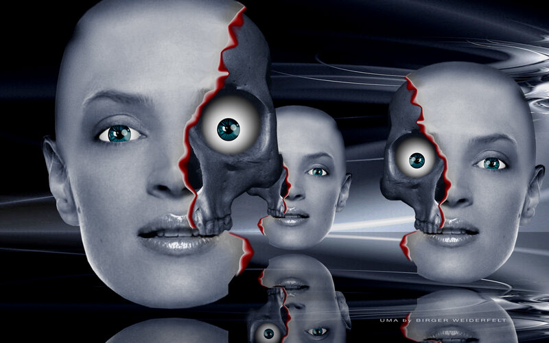 surreal face with skull