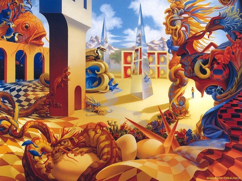 Surreal fantasy landscape with dragons