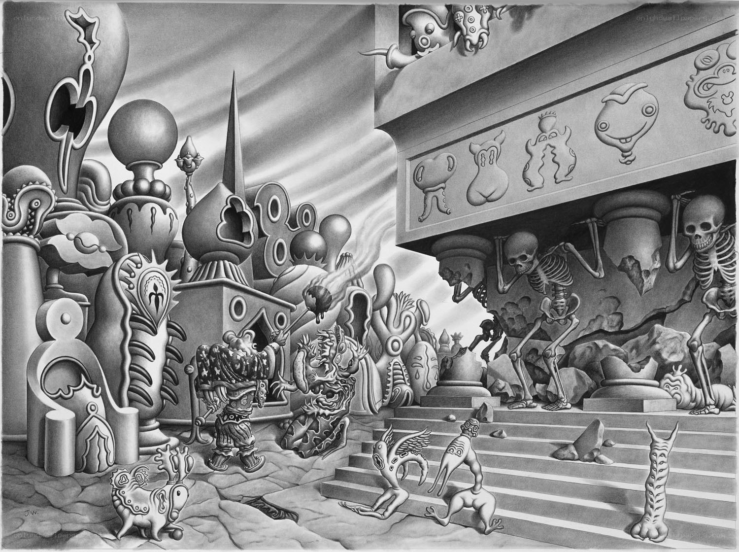 Surreal fantasy landscape with skeletons