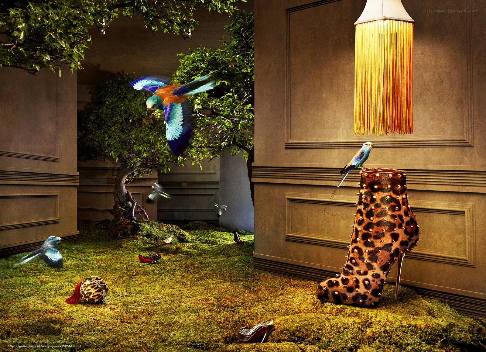 Surreal fashion scene with birds
