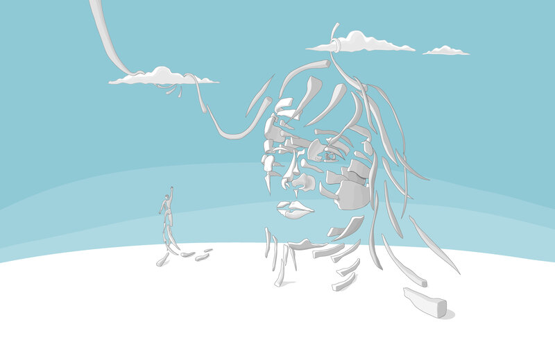 Surreal figure in a dreamlike landscape