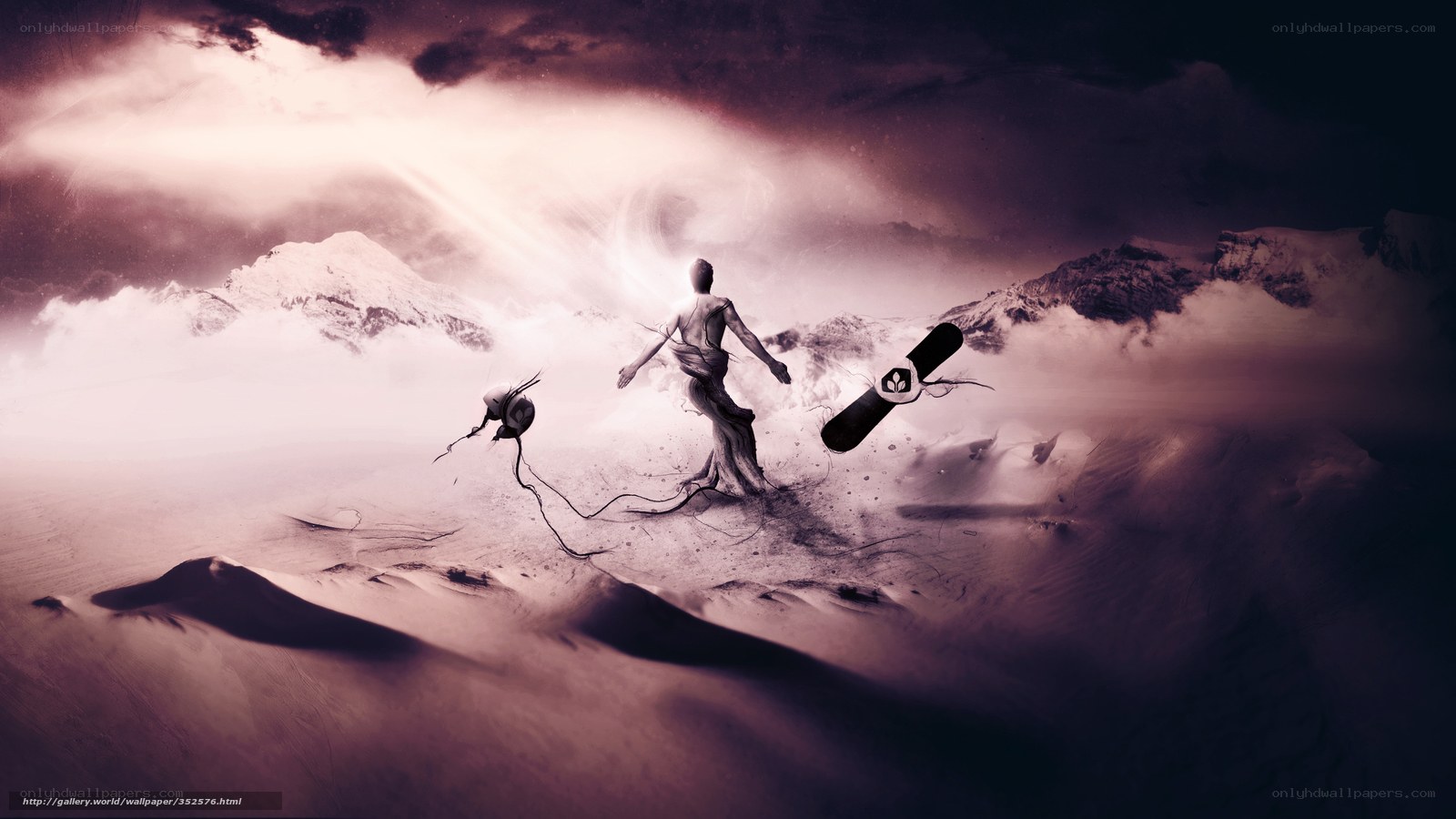 Surreal figure in a dreamlike landscape