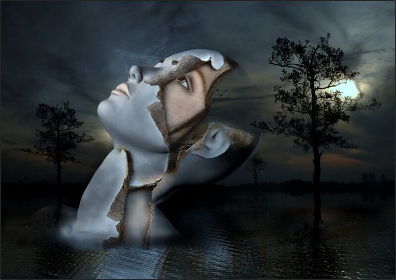 Surreal figure in flooded landscape