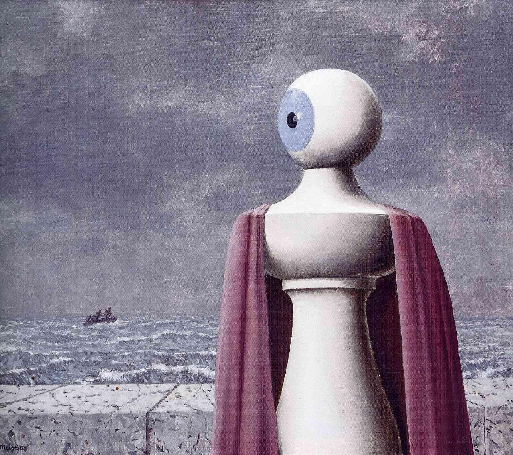 Surreal figure overlooking sea