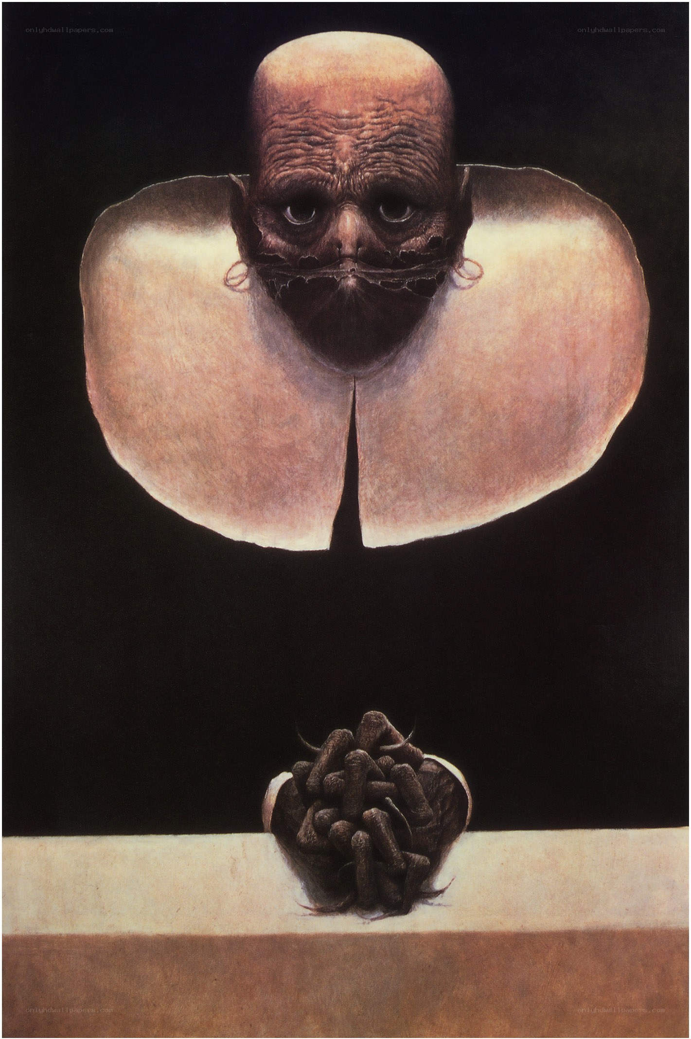Surreal figure with grotesque face