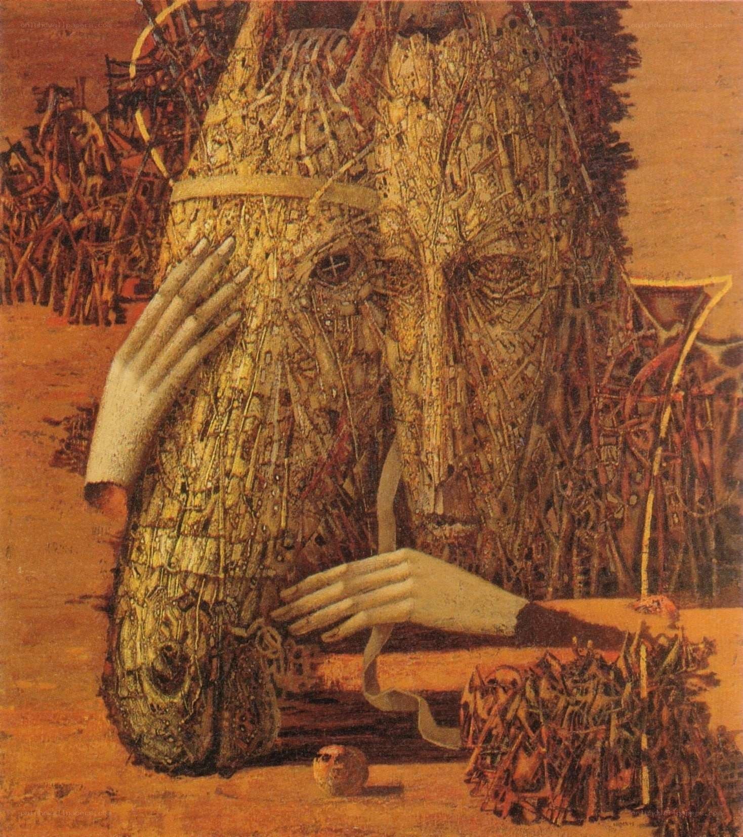 Surreal figure with woven face