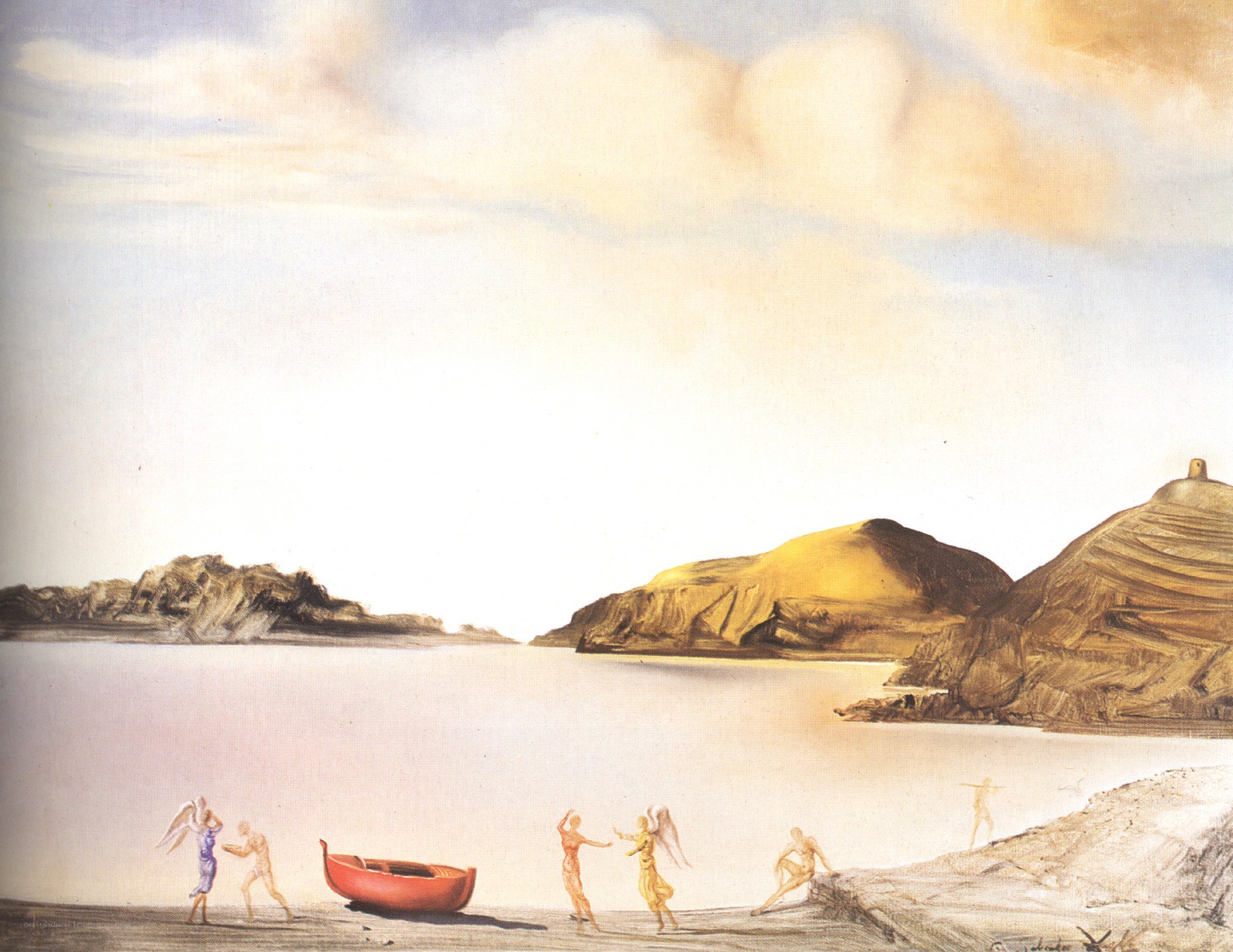 Surreal figures by the water
