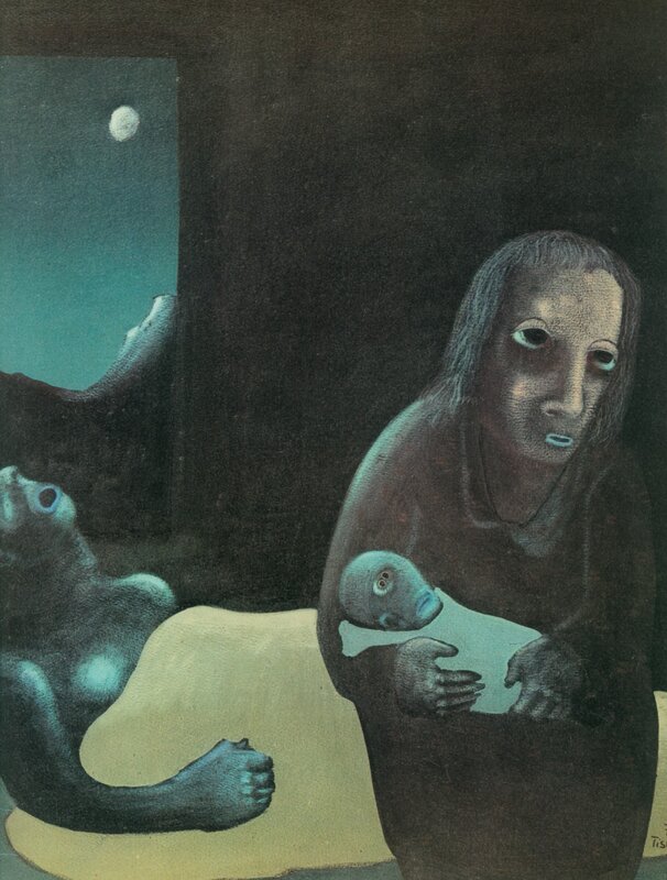 Surreal figures in a dark room