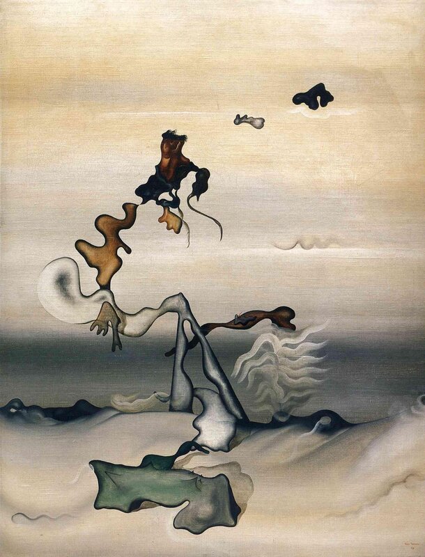 Surreal figures in a dreamlike landscape