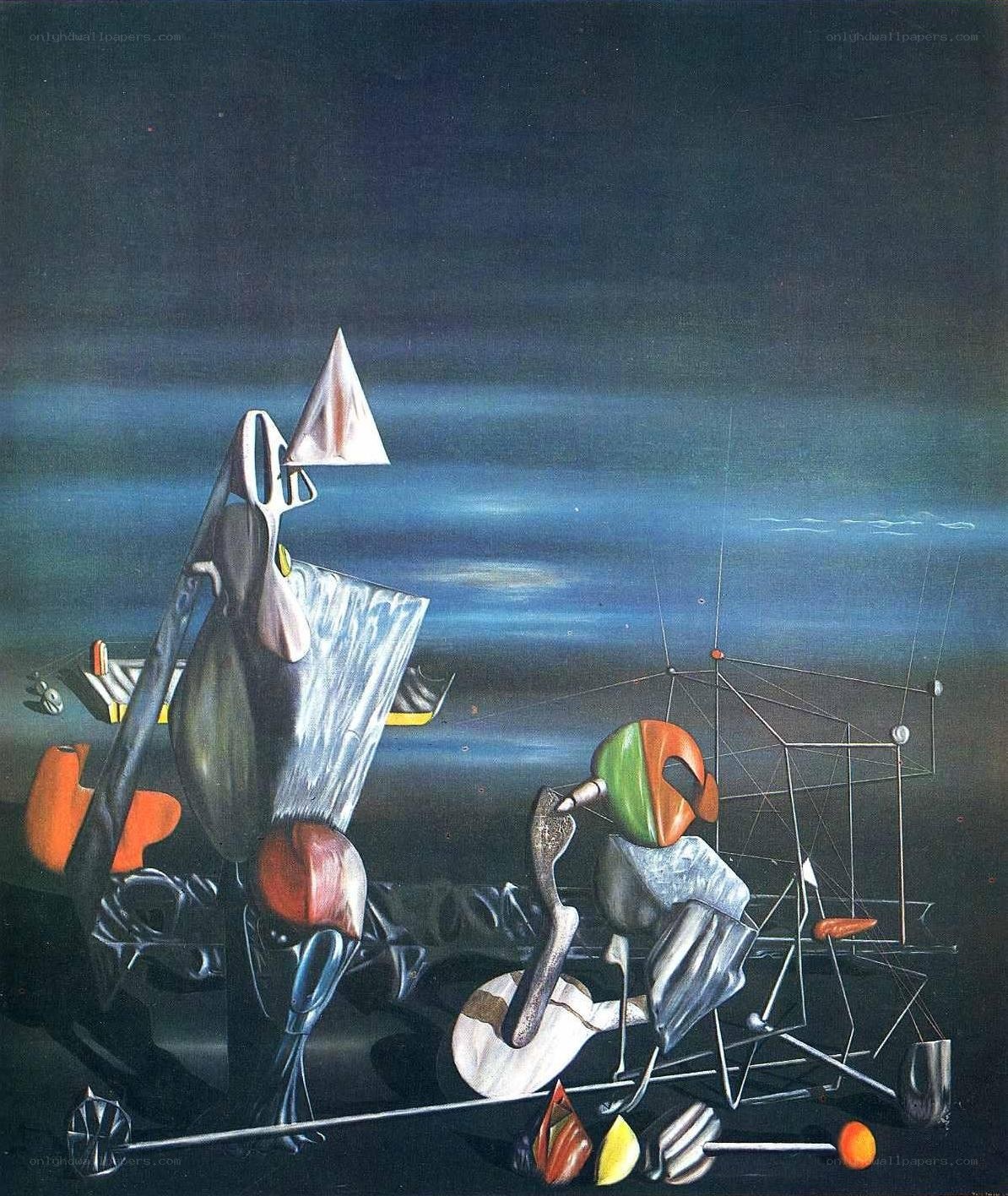 Surreal figures on a dark landscape