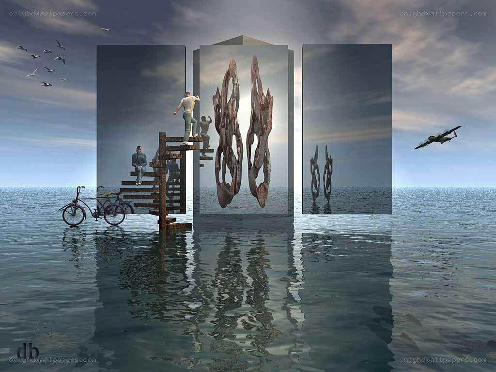 Surreal figures on a staircase