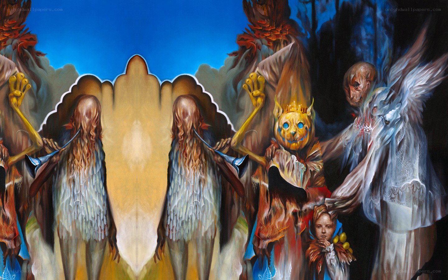 surreal figures with golden mask